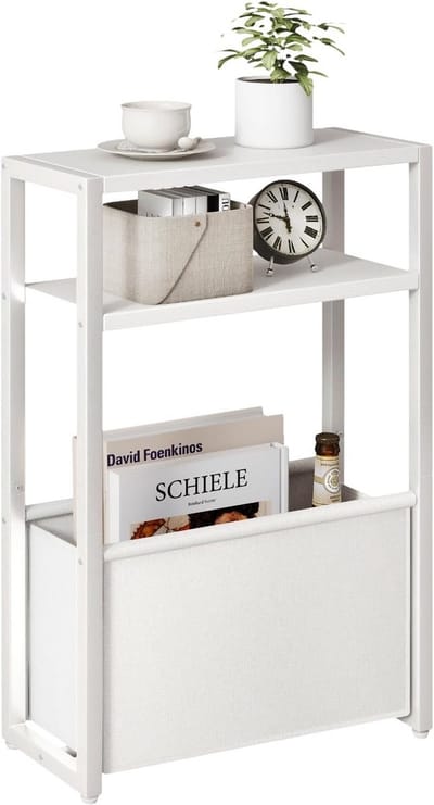 Smalle bijzettafel met opbergmand en drie niveaus