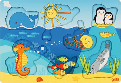 GOKI Puzzel - Zeedieren - 7 Delen - 30X21X0,8Cm - Hout - 1 Jaar