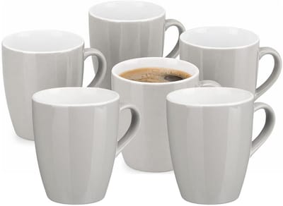 Vessia Design koffie mokken / bekers met oor - 12x stuks - lichtgrijs - keramiek - 410 ml - servies - kopjes