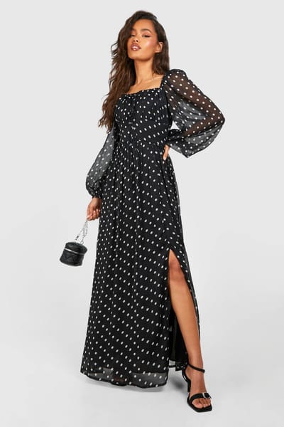 boohoo Dames Chiffon Polkadot Milkmaid Midaxi Jurk | Zwart | Maat: 42