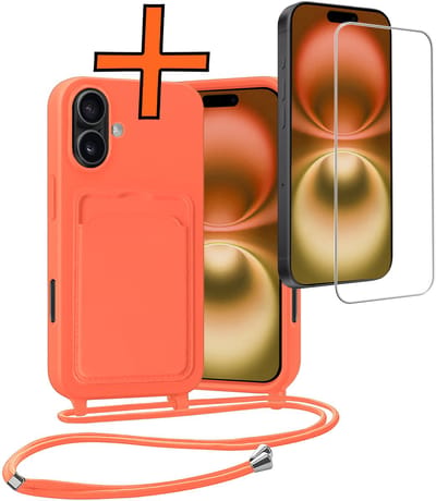 Hoesje Geschikt voor iPhone 16 Plus Hoesje Met Telefoonketting Pasjeshouder Case Met Screenprotector Koord - Hoesje Geschikt voor iPhone 16 Plus Hoes Met Kaarthouder - Papaya