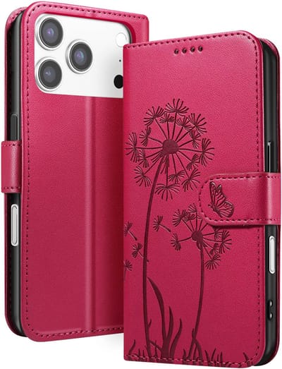 Zanae, Portemonnee Hoesje Geschikt voor Apple iPhone 17 Pro Premium Design Bloemen Vlinder, Rood