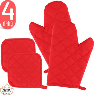 Tavas DREAM Ovenwanten Set - Rood- 2 Ovenhandschoen en 2 Pannenlappen Hittebestendig Katoen, Thermolite tot 250°C