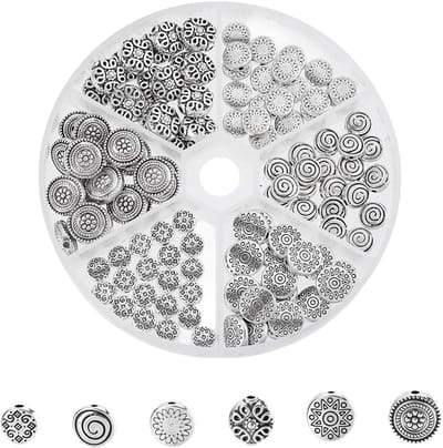 120Pcs Antieke Zilveren Tibetaanse Legering Platte Ronde Spacer Kralen voor Armbanden, Kettingen en Sieraden Maken (Ster, Spiraal, Bloem, Diamant)