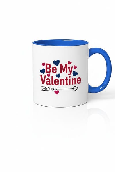 Valentijn Mok 'Be My Valentine' - Blauw/Wit Keramische Koffiemok met Hartjes en Pijl