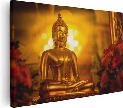 Artaza Canvas Schilderij Gouden Boeddhabeeld - 30x20 cm - Klein - Wanddecoratie Thailand - Muurdecoratie Spiritueel - Kamer Accessoires Woonkamer