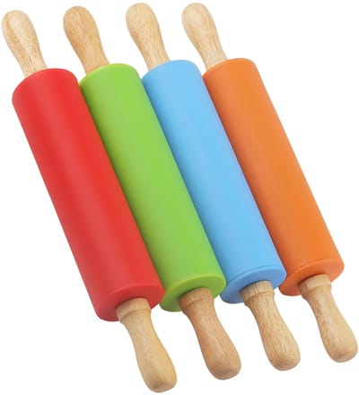 Dailygoods- Deegroller Antikleef - Set van 4 Mini Deegrollers - Houten Handvat - Siliconen - Ideaal voor Gebak/Pizza - Duurzaam en Makkelijk Schoon te Maken - Bakgereedschap