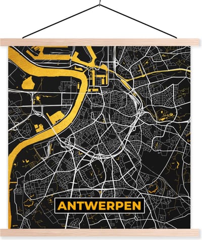 Posterhanger incl. Poster 40x40 cm - Schoolplaat - Antwerpen - Goud - Plattegrond - Stadskaart - Kaart - Textielposter - Blanke latten - Stadskaart