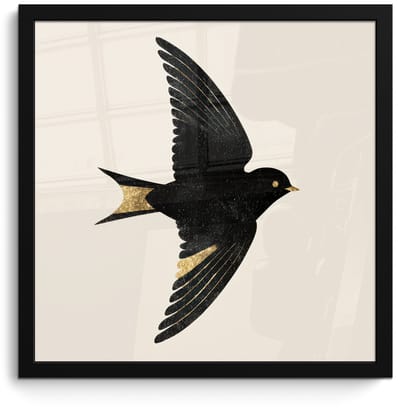 Poster in lijst - Fotolijst 40x40 cm - Posters - Zwarte zwaluw - Gouden accenten - Lichte achtergrond - Posterlijst zwart - Decoratie - Wanddecoratie woonkamer - Muurdecoratie slaapkamer