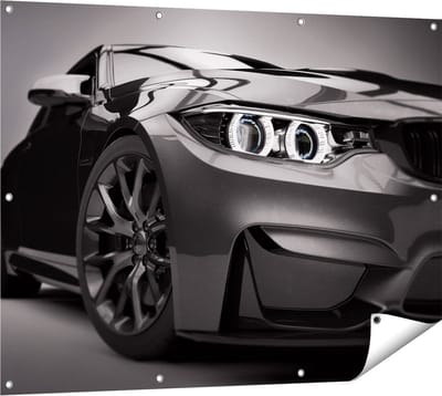Gards Tuinposter Grijze Sportwagen Auto - Zwart Wit - 120x90 cm - Tuindoek - Tuindecoratie - Wanddecoratie buiten - Tuinschilderij