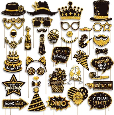 Verjaardags- en Bruiloft Decoratie: 38 Stuks Fotoproppen in Zwart en Goud voor Feestelijke Foto's en Carnival Accessoires