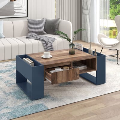 Sweiko Salontafel - Houtnerfafwerking - Met lade - Dubbelzijdige opbergruimte - Donkergrijs + Natuurlijke