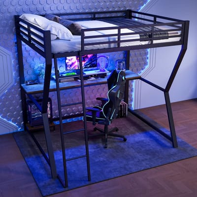 MODENUIT Hoogslaper 140x200 cm – Bureau met Stopcontact en USB – Trap en Hek – Onderbedverlichting – Zonder matras – Zwart