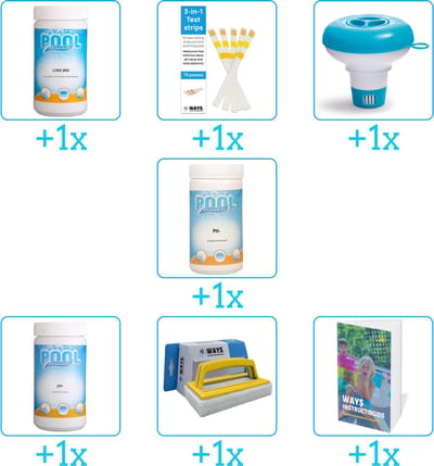Zwembad Onderhoudspakket - Onderhoud Zwembad - bevat Chloor - Testrips - Chloordrijver - PH-min - PH-plus - Scrubborstel en Zwembadgids (7-delig)
