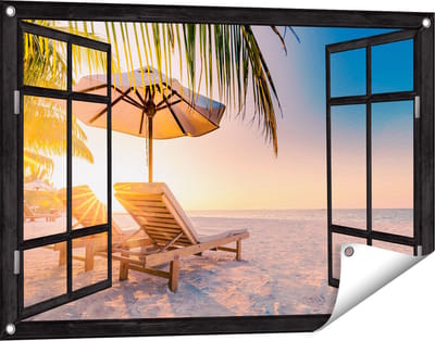 Gards Tuinposter Doorkijk Tropisch Strand tijdens Zonsondergang - 90x60 cm - Tuindoek - Tuindecoratie - Wanddecoratie buiten - Tuinschilderij