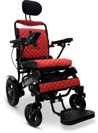 COMFYGO IQ-9000 AR Elektrische rolstoel, lichtgewicht, draadloze afstandsbediening, tot 30km, handmatig inklapbaar met Automatisch achterover leunen, Zwart frame & Rood leer textiel, Zitbreedte 51cm