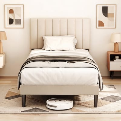 KUTAS Bedframe 90x200 cm - Gestoffeerd - Verticale Strepen - Opbergruimte Onder Bed - Lattenbodem - Extra Stevig Frame - Anti Slip - Eenpersoonsbed - Zonder Matras - Verstelbaar - Grijs