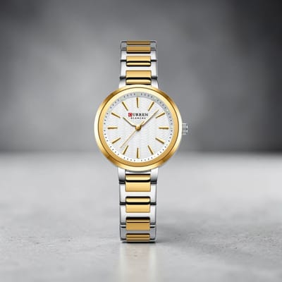 CURREN 9109 Dameshorloge Goudkleurig Met Witte/Witgouden Wijzerplaat – Quartz Polshorloge met RVS Band, Lume Wijzers, Golfpatroon en 3ATM Waterbestendig – 5 Kleurvarianten – 32mm Dial
