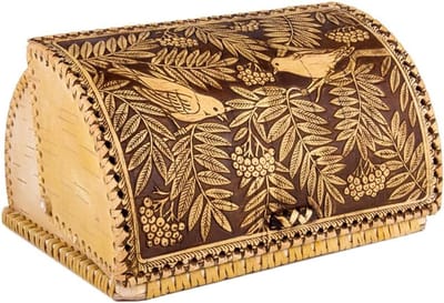 Broodtrommel Berkenschors - Brooddoos Keuken - Brood Vers Houden - Handgemaakt Vogelpatroon - 25x21x14 cm - Natuurlijk