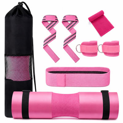 Consumerce® All-In-1 Fitness Set - Roze - Barbell Pad - Lifting Straps - Enkel Cuffs - Booty Band Elastiek - Hip Thrust - Kickback