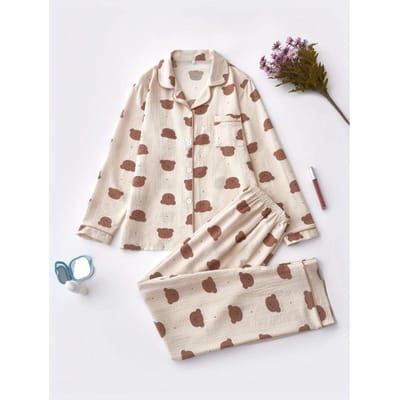 Knusse pyjama set met berenprint voor dames - Lange mouwen, overhemd met revers en knoopsluiting & broek met elastische tailleband, machinewasbaar, voor de herfst S beige
