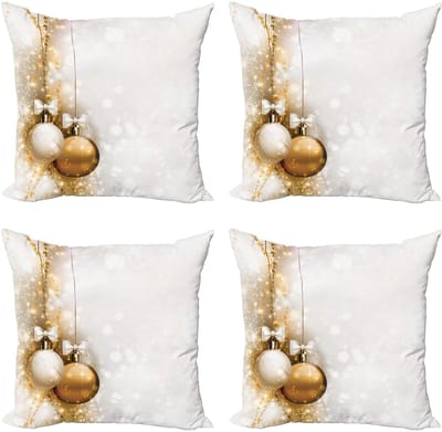 ABAKUHAUS Kerstdecoratief Kussenhoes 4 Pak, Nieuwjaarslint, Modern Accent Dubbelzijdige Digitale Print, 45 x 45 cm, Wit en Beige
