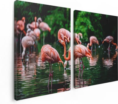 Artaza Canvas Schilderij Tweeluik Kudde Flamingo's in de Jungle in het Water - 120x80 - Foto Op Canvas - Canvas Print
