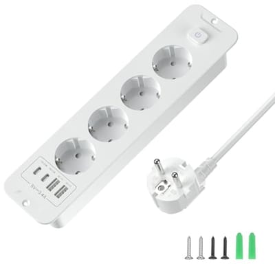 Inschuifbaar stopcontact met USB-C, 4-voudige inbouwstekkerdoos voor tafels
