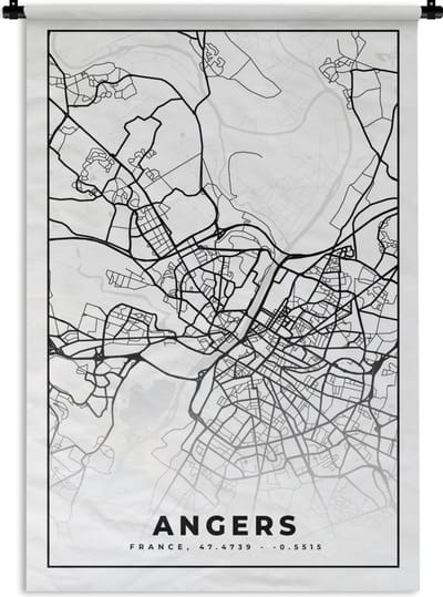Wandkleed - Wanddoek - Stadskaart - Angers - Plattegrond - Kaart - Frankrijk - Zwart wit - 120x180 cm - Wandtapijt