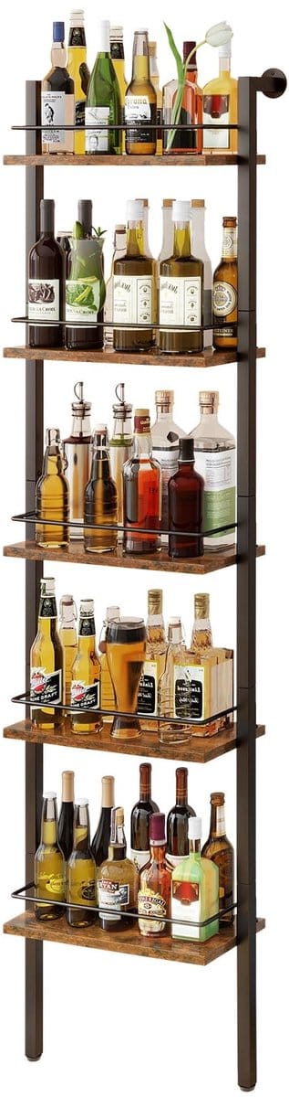 Dailygoods- Wijnrek 5-laags - Vrijstaand/staand - Vintage Bruin Hout - Zwart Metaal - Opbergstandaard - 43 x 20 x 177 cm - Drankrek