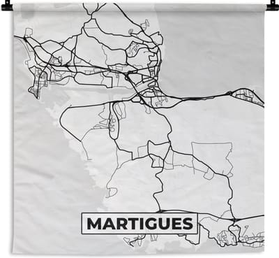 Wandkleed - Wanddoek - Stadskaart – Martigues - Plattegrond – Kaart – Frankrijk - Zwart wit - 180x180 cm - Wandtapijt
