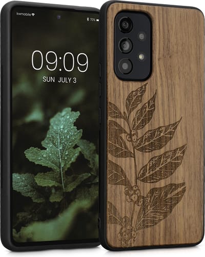 kwmobile telefoonhoesje geschikt voorSamsung Galaxy A53 5G - Hoesje met bumper - hout - In donkerbruin Bladertak design