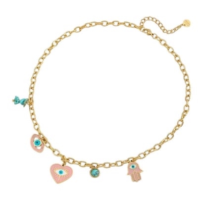 Aramat Jewels | Halskettingen | Goudkleurige stainless steel multi-charm ketting – met hamsa, boze oog & hartje – 40 + 5 cm | | | |1,5mm | Staal | Volwassenen | Verkleurd niet