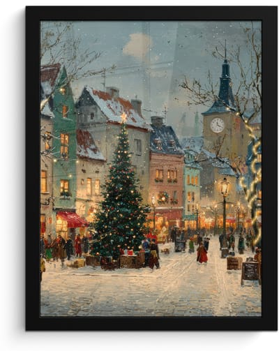Poster in lijst - Fotolijst 30x40 cm - Posters - Kerstsfeer - Stadsplein - Kleurrijk - Posterlijst zwart - Decoratie - Wanddecoratie woonkamer - Muurdecoratie slaapkamer - Kerstversiering - Kerstdecoratie voor binnen - Kerstmis