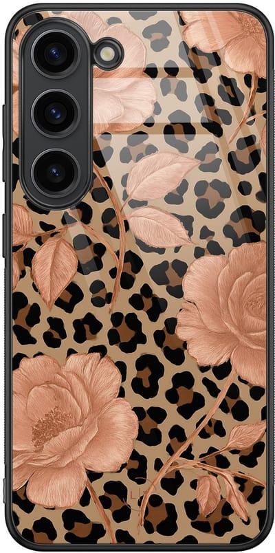 Hoesje geschikt voor Samsung Galaxy S23 - Leo flowers - Luxe Glazen Hardcase - Bloemen, Luipaardprint - Multi