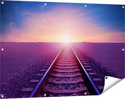 Gards Tuinposter Rails Spoorweg in de Woestijn bij Zonondergang - 120x80 cm - Tuindoek - Tuindecoratie - Wanddecoratie buiten - Tuinschilderij