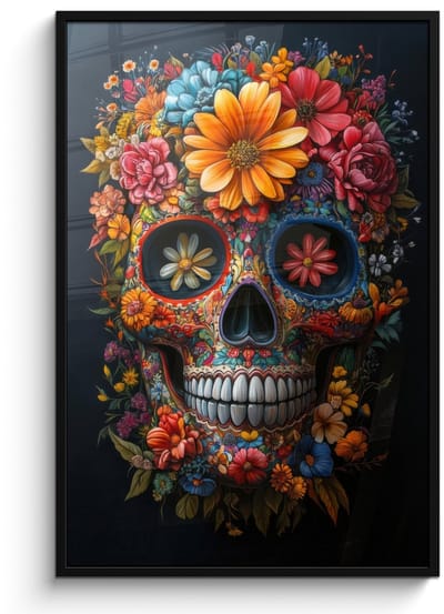 Poster in lijst - Fotolijst 80x120 cm - Posters - Bloemen - Kleurrijk - Schedel - Posterlijst zwart - Decoratie - Wanddecoratie woonkamer - Muurdecoratie slaapkamer