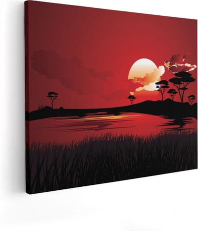Artaza Canvas Schilderij Afrikaans Landschap - 50x40 cm - Wanddecoratie Zonsondergang - Muurdecoratie Natuur - Kamer Accessoires Savanne
