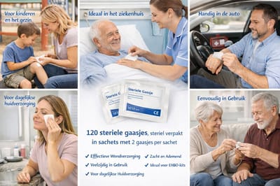 120 steriele gaasjes - gaas kompressen – 20x20 gevouwen in 10x10 cm - non woven - desinfectie of sterilisatie Verpakt in enveloppen van 2 stuks per envelop