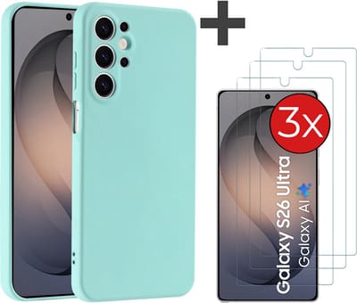 Hoesje geschikt voor Samsung Galaxy S26 Ultra hoesje zacht siliconen met 3 Stuks gehard glas Screenprotectors - Arara backcover - Mint Groen