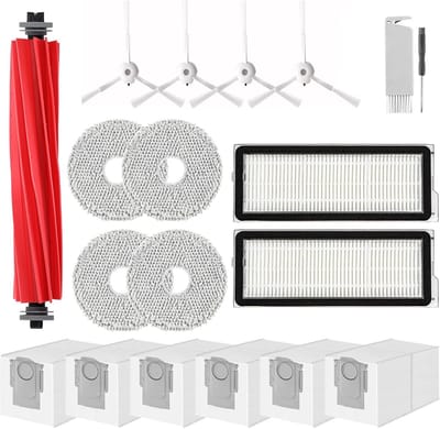 Accessoires gescht voor Roborock Qrevo Pro, Qrevo S stofzuiger, 1 hoofdborstel, 2 HEPA-filters, 6 stofzakken, 4 reinigingsdoeken, 4 zijborstels (wit), 1 borstel, 1 schroevendraaier