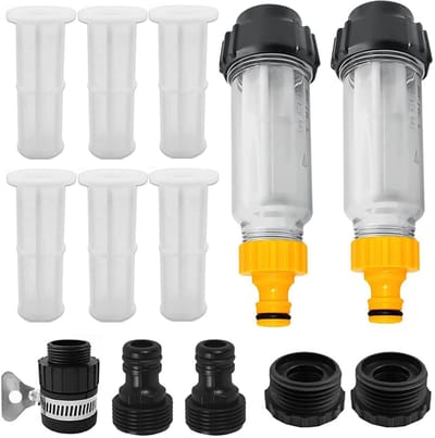 Waterfilter Set voor Tuinslang, 2 Stuks 3/4 Inch Voorfilter met 6 Filterinvoegen en 5 Snelladers, Ideaal voor Hogedrukreiniger, Tuinpomp en Huishoudelijk Gebruik