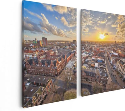 Artaza Canvas Schilderij Tweeluik Groningen Stad bij Zonsondergang - 80x60 - Foto Op Canvas - Canvas Print