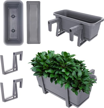KADAX Bloembak met onderzetter, met of zonder bloembakhouders, kunststof balkonpot, plantenbak, balustrade, bloempot (antraciet, 40 cm + houders)