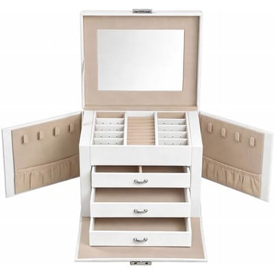 Ochama 4-laags sieradendoos, afsluitbare sieradenorganizer met handvat, 3 laden, reisetui voor sieraden met spiegel, sieradenopslag, moderne stijl,