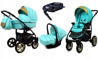 BabyLux® Kinderwagen 4in1 – GOLDLUX - MINT BLACK FRAME - Opklapbare Wandelwagen incl. Reiswieg, Multifunctionele Buggy Sportstoel, Autostoel, ISOFIX basisstation - Combi-kinderwagen met Luiertas, Regenhoes, Klamboe