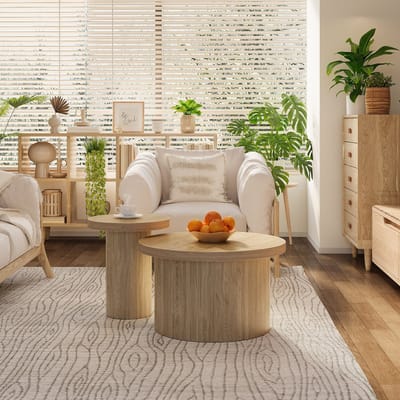 REDOM Nesting salontafelset rond - natuurlijk MDF met houten lattenpoten, Ø66×H40 & Ø40×H46 cm, multifunctioneel