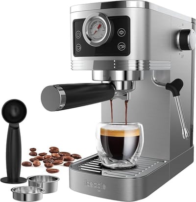 Espressomachine 20 Bar met Melkopschuimer – RVS Espresso Filtermachine – Italiaanse Ulka-pomp – Touchscreen met Drukweergave – 1350 W – 1,3 L – Voor Espresso, Cappuccino & Latte