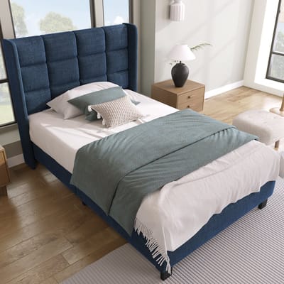 DESMIU Gestoffeerd Bed 90x200 cm – Zacht Hoofdbord met Lattenbodem – Geruisarme Constructie – Ideaal voor Slaapkamer – Linnen – Blauw – Zonder Matras