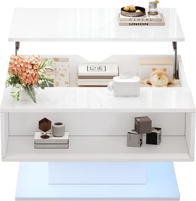 Lift Top Salontafel - Salontafel Hoogglans - In Hoogte Verstelbaar - Met LED Verlichting - 40kg Draagvermogen - Woonkamer - 80x75x40cm - Wit